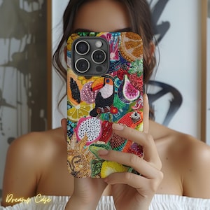 ビーズ付きトロピカルトゥーカンスマホケース、カラフルなフルーツモザイクケース、夏らしい美しいiPhoneカバー、鮮やかなトラベルスマホケース、彼女へのビーチギフト