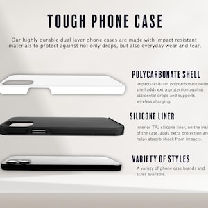 May include: Image showing three phone cases: a white polycarbonate shell, a black silicone liner, and a black and silver phone case. Text reads "TOUGH PHONE CASE" and details about the cases' features, including impact resistance and wireless charging.
