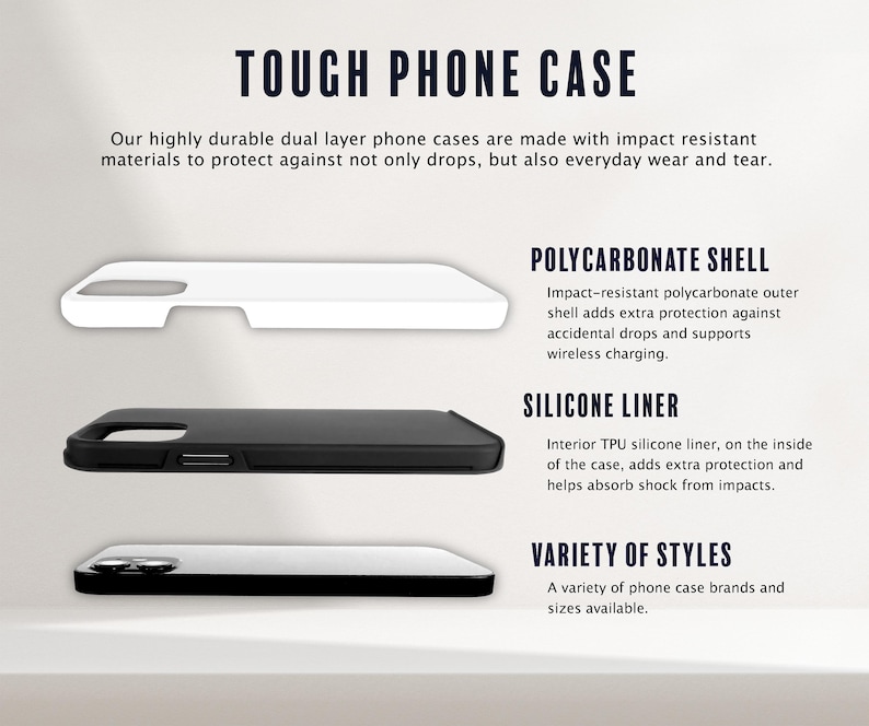 May include: Image showing three phone cases: a white polycarbonate shell, a black silicone liner, and a black and silver phone case. Text reads "TOUGH PHONE CASE" and details about the cases' features, including impact resistance and wireless charging.