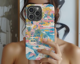 Tropical Beach Phone Case, Retro Coastal Design, Summer Surf Aesthetic iPhone 17 16 15 14 13 12 11 Pro Max XR SE Case