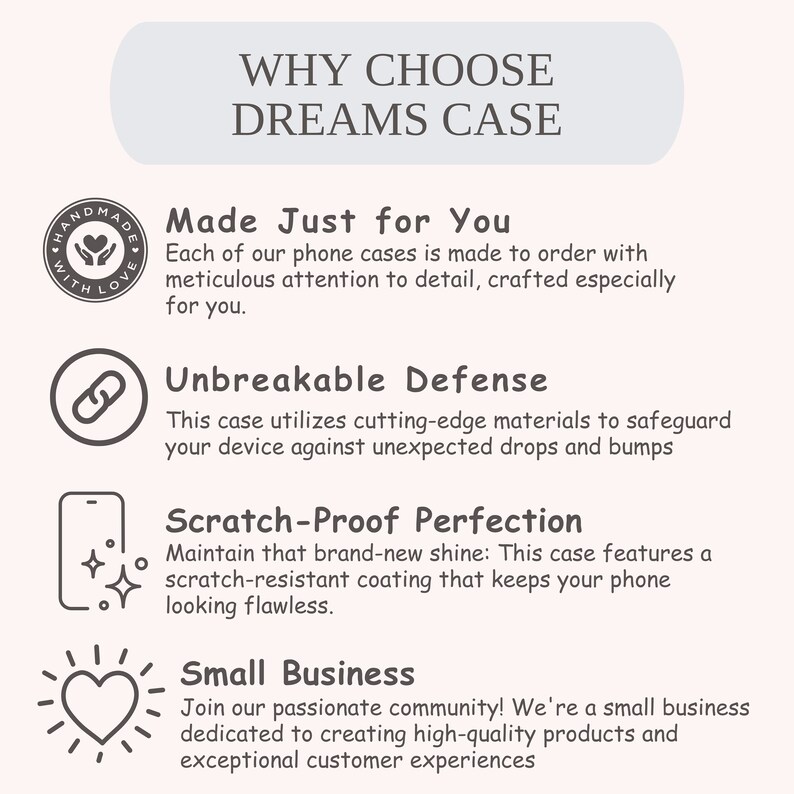 May include: A graphic with the text "WHY CHOOSE DREAMS CASE" in a light gray box. The graphic lists four reasons to choose a phone case from Dreams Case: Made Just for You, Unbreakable Defense, Scratch-Proof Perfection, and Small Business.