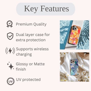 May include: Two phone cases with different designs. The first case is a floral design with a yellow, orange, and red color scheme. The second case is a blue and white design with a seashell pattern. Both cases are shown on a white background with flowers.