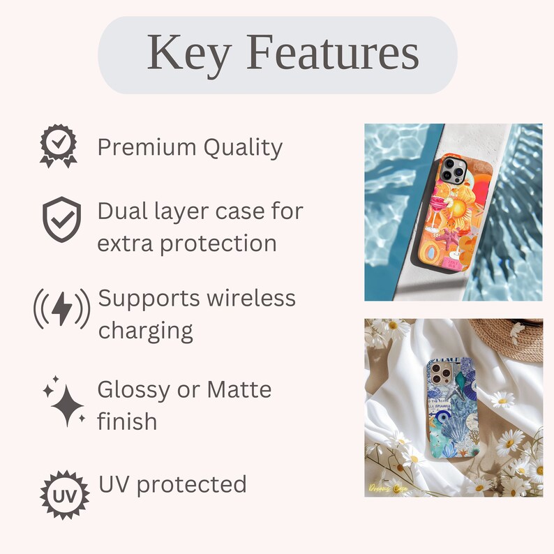 May include: Two phone cases with different designs. The first case is a floral design with a yellow, orange, and red color scheme. The second case is a blue and white design with a seashell pattern. Both cases are shown on a white background with flowers.