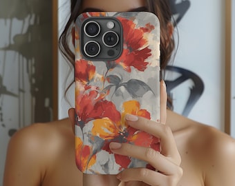 Autumn Bloom Phone Case, Red & Mustard Watercolor Floral Design, Fall Aesthetic Case for iPhone 17 16 15 14 13 12 11 Pro Max XR SE