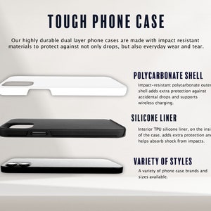 May include: A tough phone case with a dual layer design. The case is made with impact resistant materials to protect against drops and everyday wear and tear. The case features a polycarbonate shell and a silicone liner. The image shows a variety of phone case brands and sizes available.