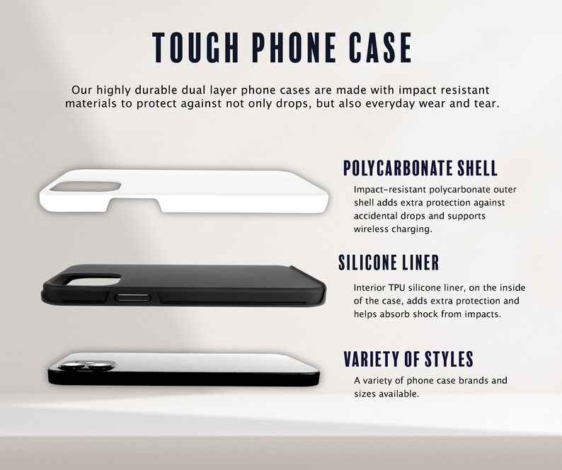 May include: A tough phone case with a dual layer design. The case is made with impact resistant materials to protect against drops and everyday wear and tear. The case features a polycarbonate shell and a silicone liner. The image shows a variety of phone case brands and sizes available.