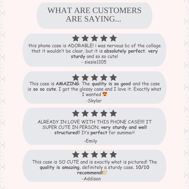 May include: A graphic displaying customer reviews with star ratings. The text reads "WHAT ARE CUSTOMERS ARE SAYING..." followed by positive feedback about a product, including words like "ADORABLE" and "AMAZING."