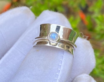 Bague toupie pierre de lune : bijoux Fidget plaqués argent sterling 925