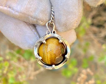 Handmade Tiger's Eye Pendant, 925 Sterling Silver Plated Necklace, Round Gemstone Gifts
