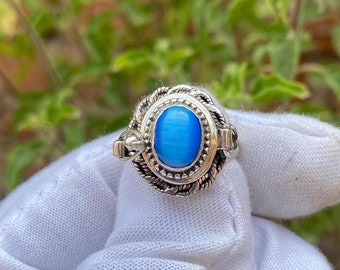 Anel Veneno Olho de Tigre Azul, Compartimento para Gema Banhado a Prata de Lei 925