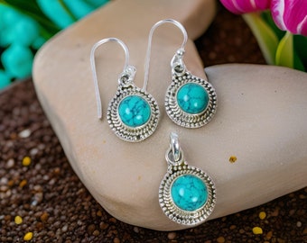 Handmade Turquoise Jewelry Set: Sterling Silver Plated Pendant Earrings