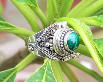 Malachite Poison Ring, Handmade 925 Sterling Silver Plated Compartment Ring