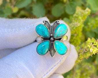 スターリングシルバーのターコイズバタフライリング：ボヘミアン