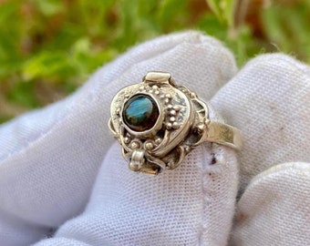 Handmade Sterling Silver Plated Labradorite Poison Ring, Pill Box Locket