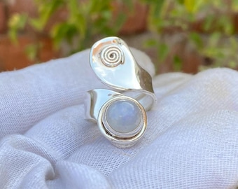 Rainbow Moonstone Ring: Handmade 925 Sterling Silver Plated Adjustable Boho Ring