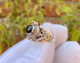 Black Onyx Pill Box Ring: Handmade Sterling Silver Plated Compartment Jewelry
