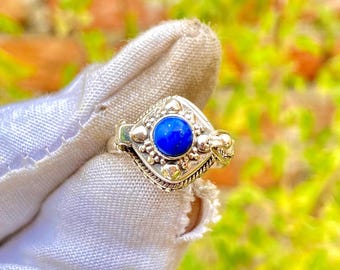 Lapis Lazuli Pill Box Ring: Handmade 925 Sterling Silver Plated Locket