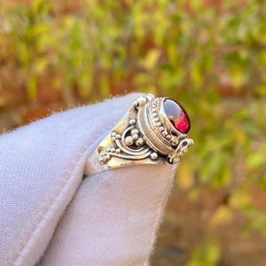 Natural Garnet Locket Ring: 925 Sterling Silver Pill Box Ring