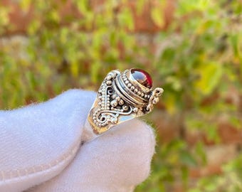 Garnet Poisoner Ring, Sterling Silver Plated Secret Locket Pill Box