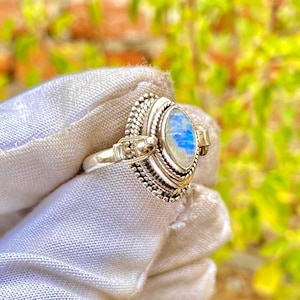 Rainbow Moonstone Ring, Compartment Ring, 925 Sterling Silver Ring,June Birthstone Ring, Handmade Pill Box Locket Ring, Special Gift for Her