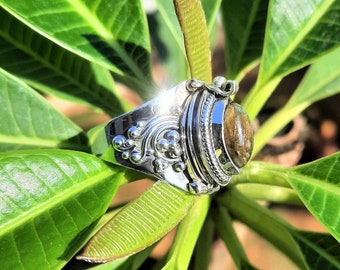 Handmade Sterling Silver Plated Labradorite Poison Ring, Pill Box Compartment
