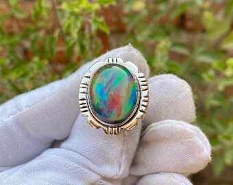 Handmade Aurora Opal Ring: Oval Sterling Silver Plated Gemstone Jewelry