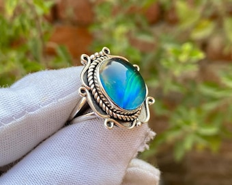 Handmade Aurora Opal Ring: Oval Sterling Silver Plated Gemstone Jewellery