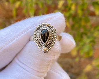 Plated Sterling Silver Black Onyx Poison Ring, Handmade Compartment Jewelry
