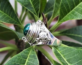 Malachite Gemstone Poison Ring, 925 Sterling Silver Plated Pill Ring