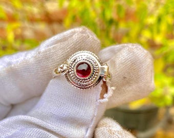 Garnet Poisoner Ring, Sterling Silver Plated Secret Locket Pill Box