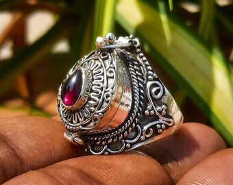 Granat Poison Ring, 925 Sterling Silber überzogene zu öffnende Fach Schmuck