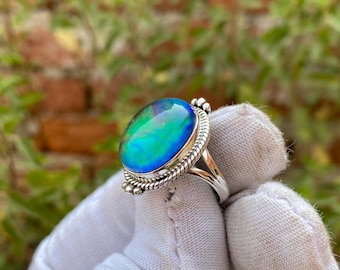 Handmade Aurora Opal Ring: Oval Sterling Silver Plated Gemstone Jewelry