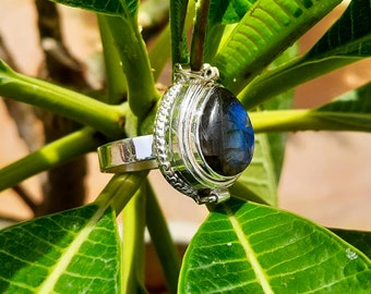 Natural Labradorite Poisoner Ring: 925 Sterling Silver Plated Locket