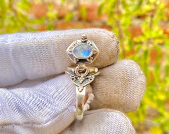 Natural Rainbow Moonstone Poisoner Ring, 925 Sterling Silver Plated Locket