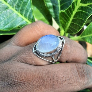 Handmade Rainbow Moonstone Ring: Oval Sterling Silver Jewelry