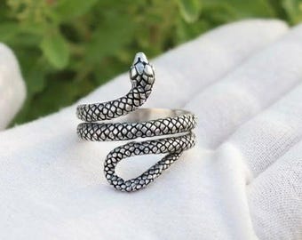 Gothic Snake Wrap Ring,  925 Sterling Silver Plated Adjustable Serpent Band, Textured Cobra Statement Ring