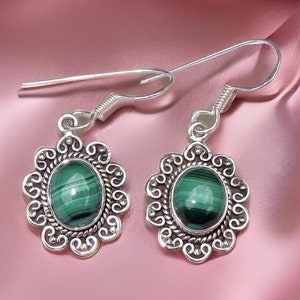 Malachite Dangle Drop Earrings, 925 Sterling Silver Earrings, Natural Green Malachite Handmade Gemstone Jewelry, Birthstone Gift for Her