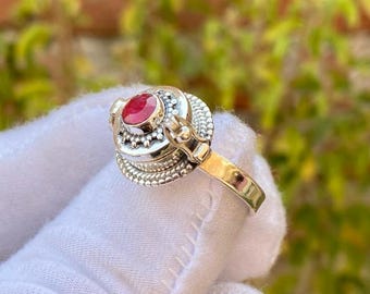 Ruby Poison Ring,Sterling Silver Plated Compartment Statement Ring, Handmade Gift For Her