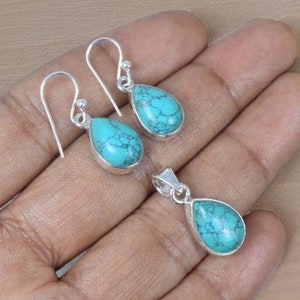 Jewelry Set: Cute Turquoise Gemstone, Handmade 925 Sterling Silver Pendant & Earrings, Perfect Gift for Special Person