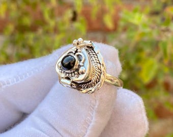 Plated Sterling Silver Black Onyx Poison Ring, Handmade Compartment Jewelry,Gift For Special