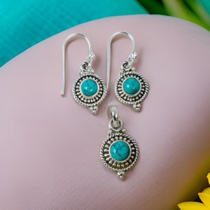 Silver Pendant & Earring Set | 925 Sterling Silver Jewelry with Small Turquoise Gemstones | Handmade Gift for Special Person