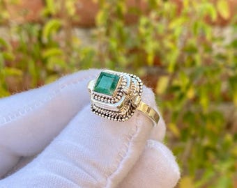 Sterling Silver Plated  Emerald Pill Box Ring: Secret Message Locket, Cushion Cut Gemstone