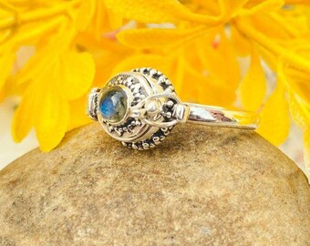 Handmade Sterling Silver Plated Labradorite Poison Ring, Secret Compartment Jewelry