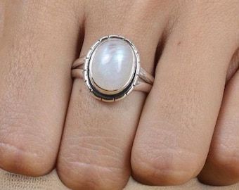 Bague pierre de lune arc-en-ciel : pierre précieuse ovale, bijoux bohème plaqué argent sterling