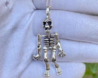 Gothic Sterling Silver Plated Skull Pendant Necklace, Articulated Moving Body Jewelry, Gift for Everybody