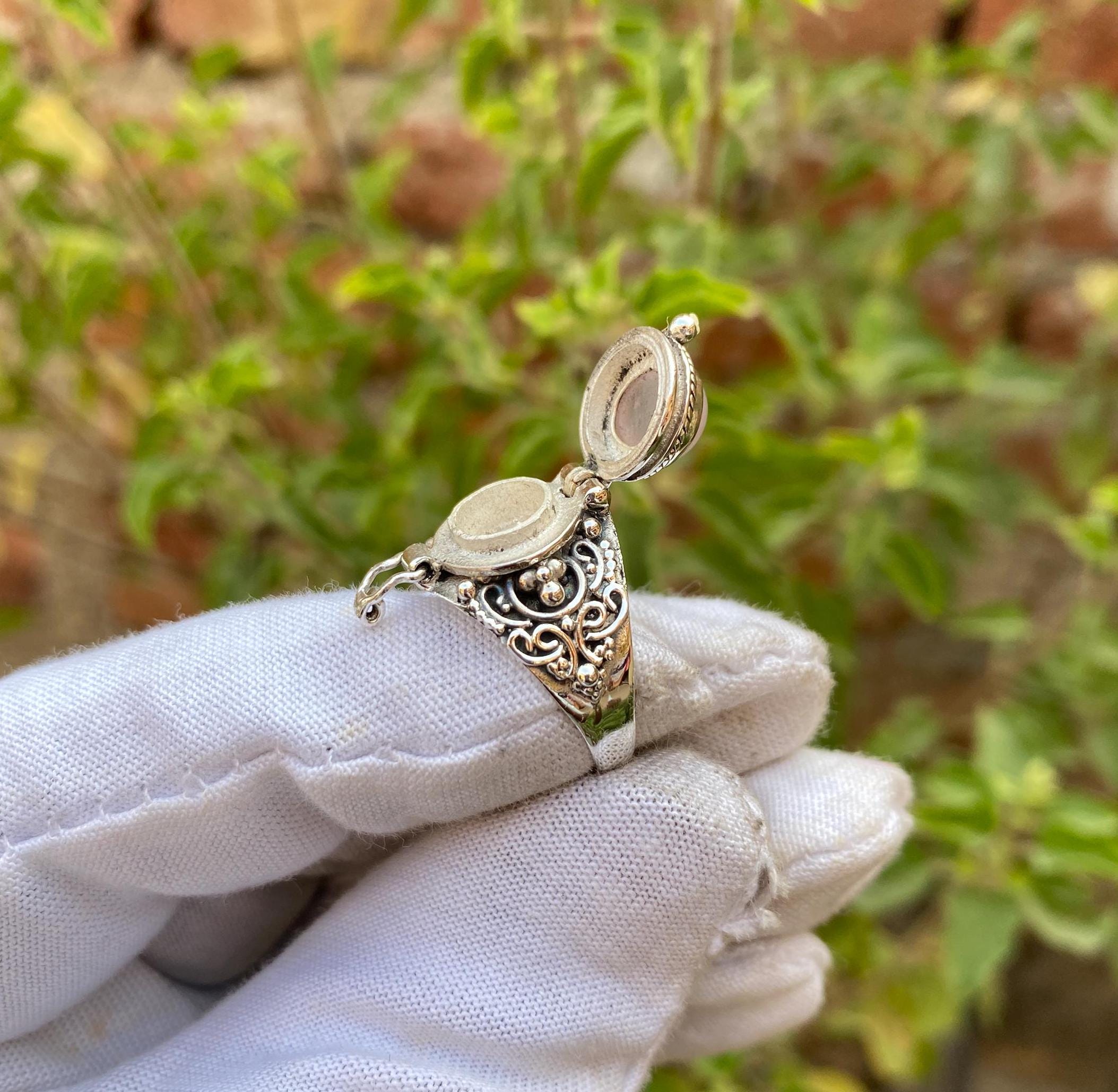 Rose Quartz Poison Ring, Sterling Silver Plated Locket, Handmade 