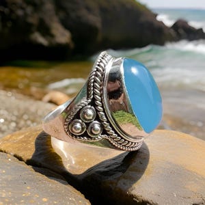 Handmade Aqua Chalcedony Ring: Sterling Silver Plated Boho Statement