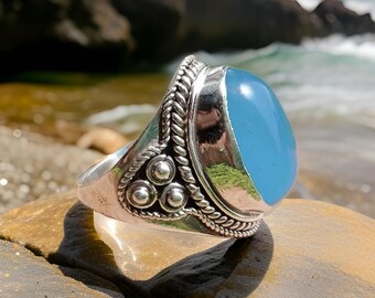 Handmade Aqua Chalcedony Ring: Sterling Silver Plated Boho Statement