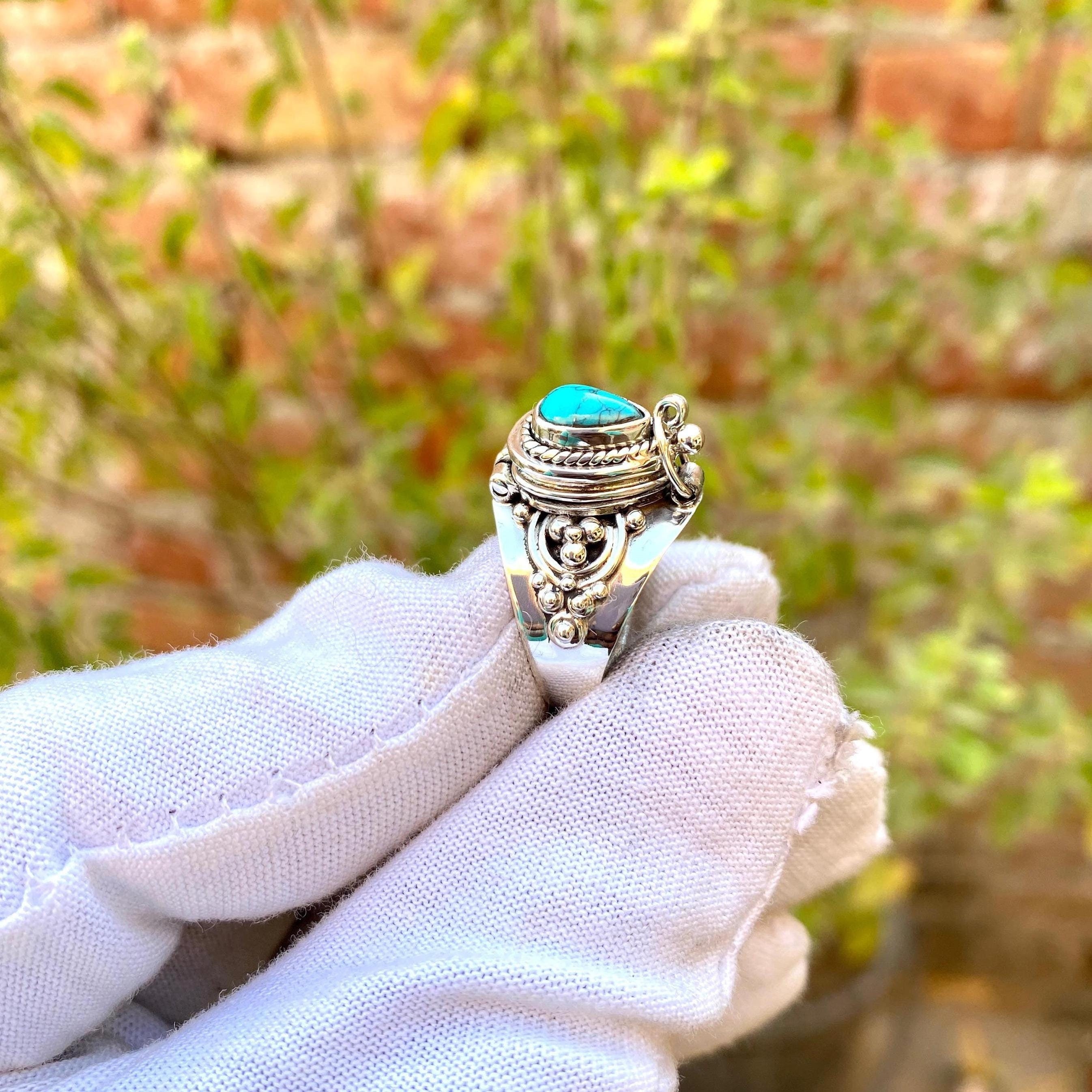 Blue Copper Turquoise Poison Ring, 925 Sterling Silver Plated
