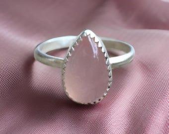 Handmade Pear Rose Quartz Ring: 925 Sterling Silver Plated Bohemian Jewelry